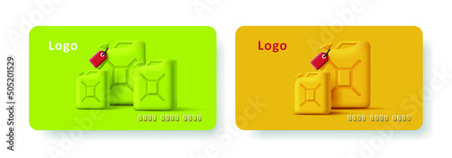 Discount card template with 3d illustration of fuel canisters . Vector illustration