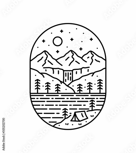 camping on the nature waterfall mountain in mono line style art for badge , emblems, patches, t-shirts, etc.