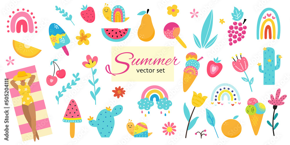 Cute hand drawn colourful summer elements set Cute hand drawn colourful summer elements set