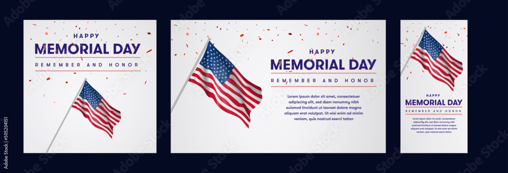 USA Memorial Day greeting card template set with brush stroke ...