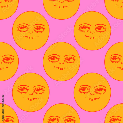 Seamless pattern -Psychedelic 70s smiley.Psychedelic 1970 good vibes - sunshine face.Trippy acid moon.Funky stickers, groovy face characters.Yellow and pink hippie vector sun.Vintage smiley background