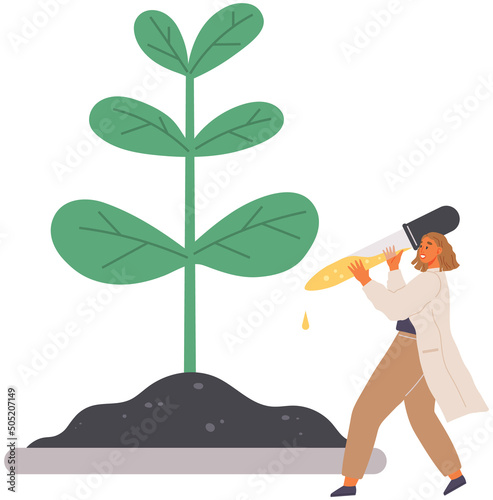 Scientist makes laboratory analysis of life system and organisms. Idea of education, botany, microbiology. Biologist conducting experiment with plant sample. Research with sprout and reagent in lab