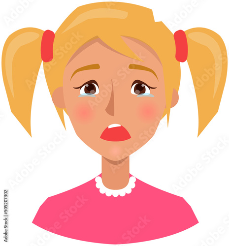 Negative person frowning face upset woman. Girl with emotion of indignation, calmness. Displeased face of female character. Unhappy lady vector illustration. Expressing human emotion, discontent