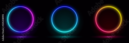 Set of blue, red-purple, green illuminate frame design. Abstract cosmic vibrant color circle backdrop. Collection of glowing neon lighting on dark background with copy space. Top view futuristic style