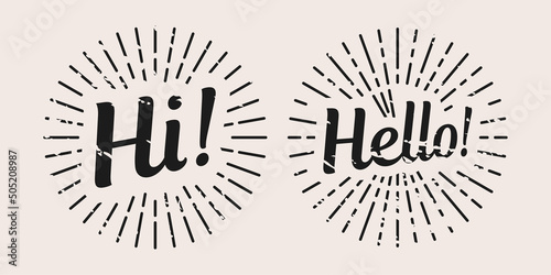 Hello and hi greeting sunburst vintage vector element. Sun rays burst lettering decoration.