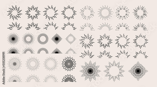 Sunburst rays big collection. Burst beam ray set. Vintage vector design element.