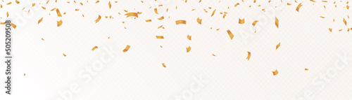 Confetti on a transparent background. Falling shiny golden confetti. Bright golden festive tinsel. Holiday design elements for web banner, poster, flyer, invitation. Vector	