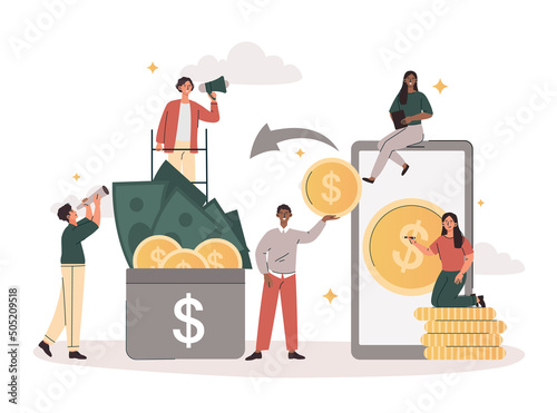 Financial transactions concept. Young men and women transfer money in mobile application on smartphone. Characters send coins and bills to wallet. Cartoon contemporary flat vector illustration