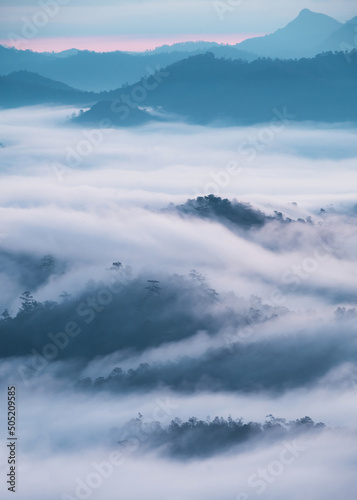 Scenery of foggy flowing on mountain valley in tropical rainforest at the morning