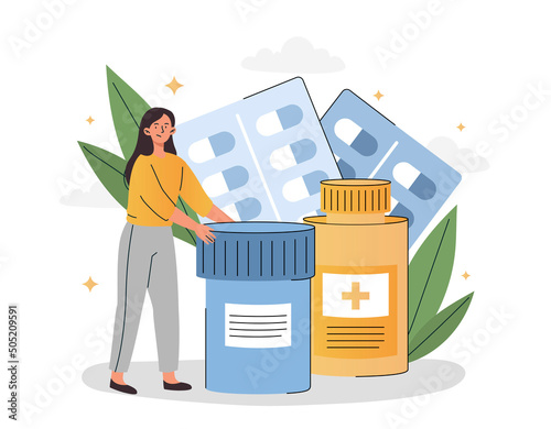 Concept of medication and pharmacology. Smiling woman patient with pills and capsules in blister and jar. Female character treats diseases. Medicine and healthcare. Cartoon flat vector illustration