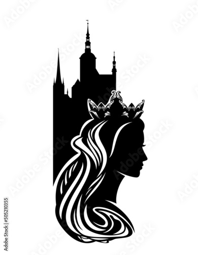 fairy tale medieval queen or princess profile head with long hair and castle towers outline - beautiful royal female wearing crown black vector silhouette portrait
