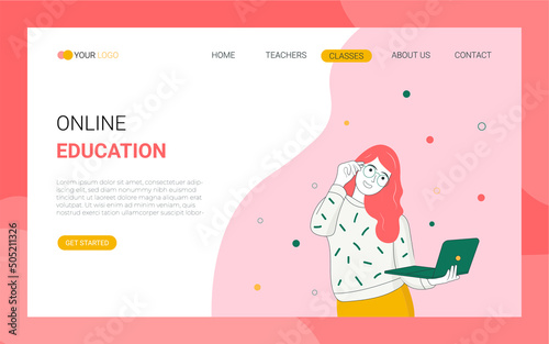Online Education Landing Page Template. Distant Studying. Laptop. Lesson on Screen. Cartoon People Vector Illustration