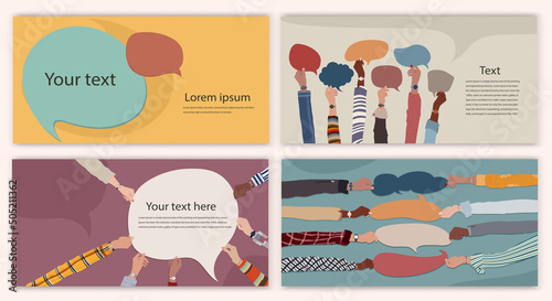Hand group of multicultural men and women holding speech bubble in hand.Talk communicate and share information in social networks. Friends or colleagues talking.Editable banner template