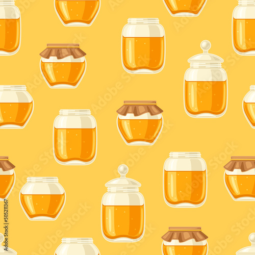 Seamless pattern of honey jars. Image for food and agricultural industry.