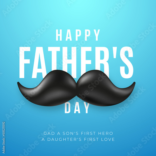 Happy Father's Day design with black moustache and greeting text on blue background. Vector illustration.