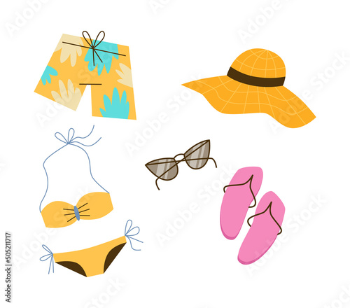 Summer beachwear and swimwear flat cartoon vector illustration isolated.
