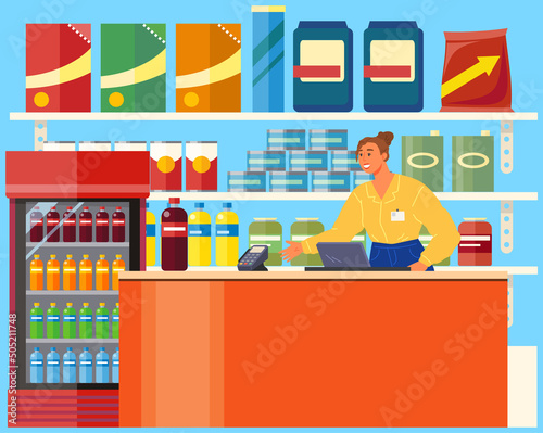 Woman works in sale food and drinks. Female seller with pos reader in supermarket vector illustration. Cashier vender at shop, grocery kiosk. Store employee stands at checkout with pos terminal.