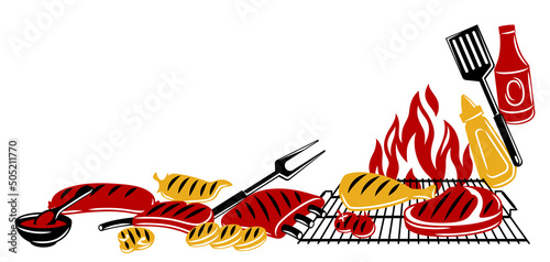Bbq background with grill objects and icons. Stylized kitchen and restaurant items.