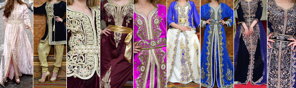 Photo collage of the traditional Moroccan caftan. traditional dress in morocco