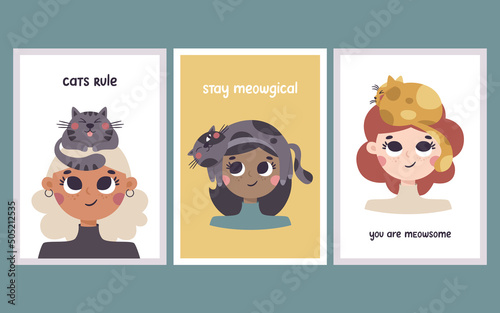 Cute vector set of postcards with women heads with cats on them. Beautiful girls with their pets and quotes about cats.