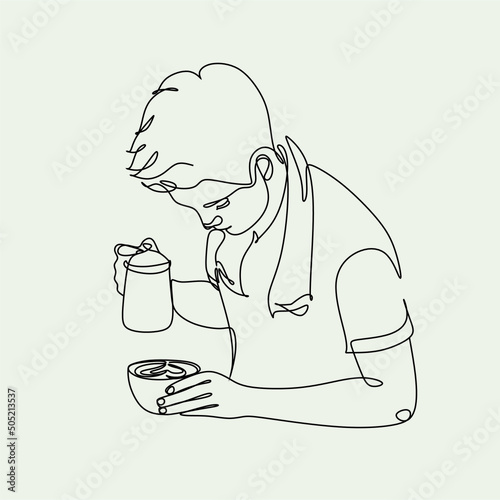 Continue line of barista pouring milk to coffee. Line art drawing of staff coffee vector illustration. Minimalist 