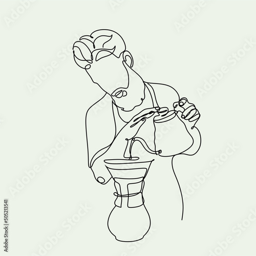 Line art drawing of staff coffee vector illustration. Minimalist Continue line of barista pouring milk to coffee. 