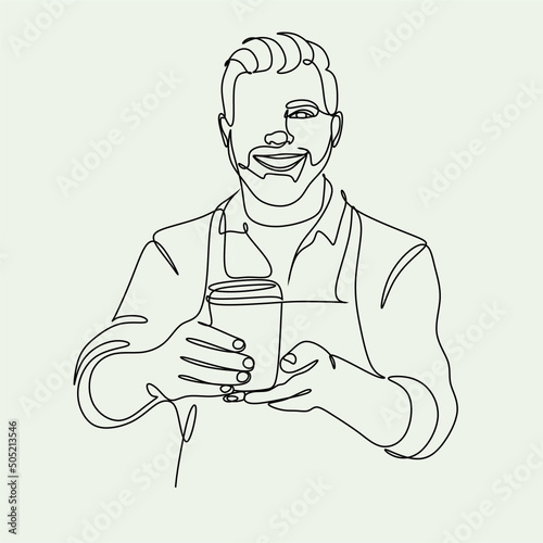 Continue line of barista pouring milk to coffee. Line art drawing of staff coffee vector illustration. Minimalist 