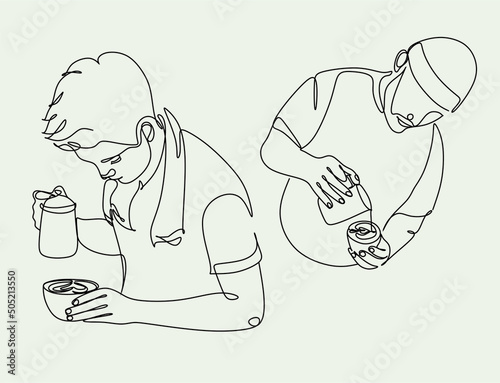 Continue line of barista pouring milk to coffee. Line art drawing of staff coffee vector illustration. Minimalist 