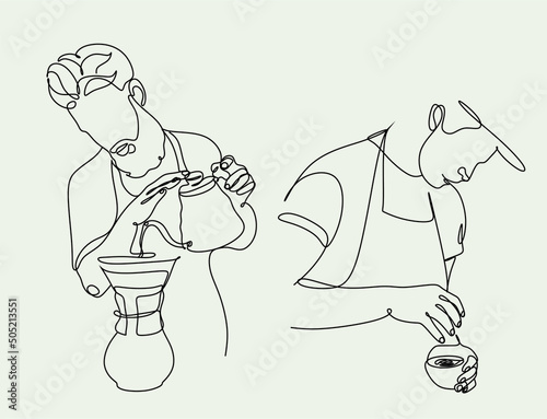 Continue line of barista pouring milk to coffee. Line art drawing of staff coffee vector illustration. Minimalist 