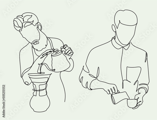 Continue line of barista pouring milk to coffee. Line art drawing of staff coffee vector illustration. Minimalist 