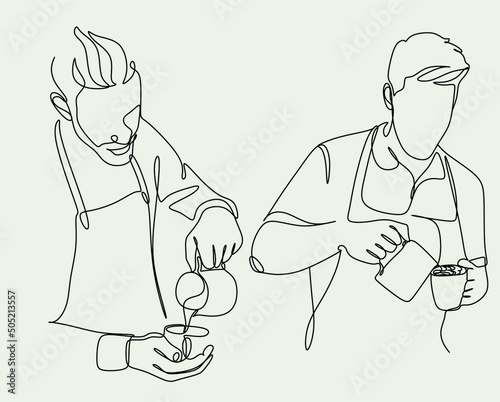 Continue line of barista pouring milk to coffee. Line art drawing of staff coffee vector illustration. Minimalist 