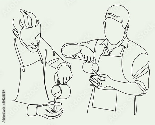 Continue line of barista pouring milk to coffee. Line art drawing of staff coffee vector illustration. Minimalist 