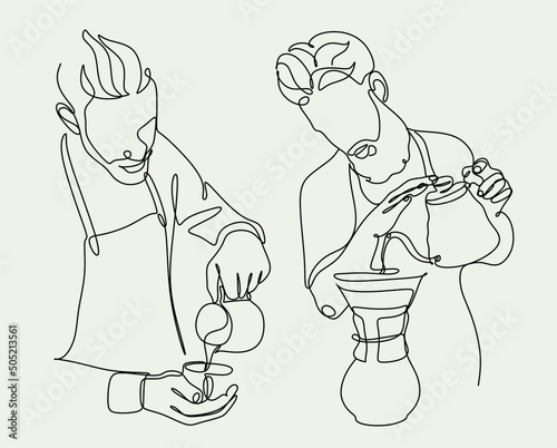 Continue line of barista pouring milk to coffee. Line art drawing of staff coffee vector illustration. Minimalist 
