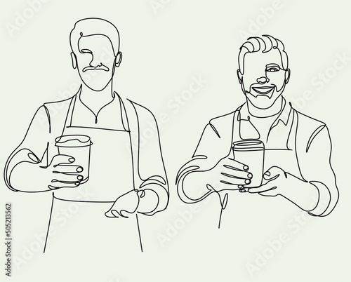 Continue line of barista pouring milk to coffee. Line art drawing of staff coffee vector illustration. Minimalist 