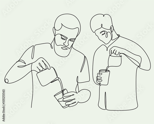 Continue line of barista pouring milk to coffee. Line art drawing of staff coffee vector illustration. Minimalist 