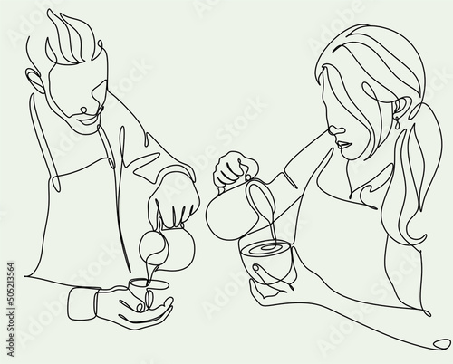 Continue line of barista pouring milk to coffee. Line art drawing of staff coffee vector illustration. Minimalist 