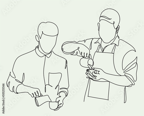 Continue line of barista pouring milk to coffee. Line art drawing of staff coffee vector illustration. Minimalist 
