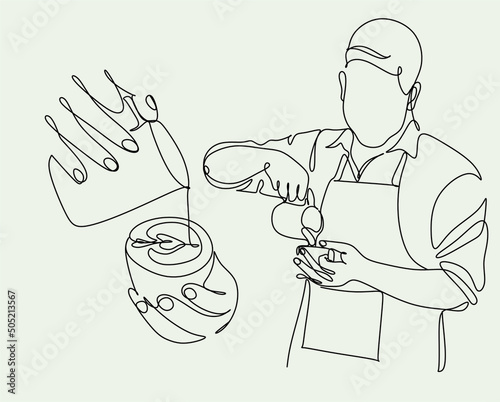 Continue line of barista pouring milk to coffee. Line art drawing of staff coffee vector illustration. Minimalist 