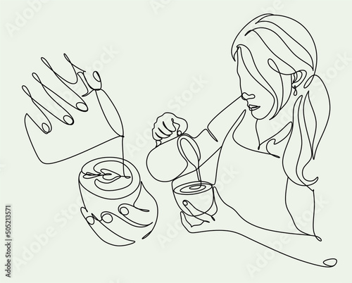 Continue line of barista pouring milk to coffee. Line art drawing of staff coffee vector illustration. Minimalist 