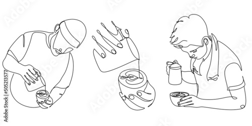 Continue line of barista pouring milk to coffee. Line art drawing of staff coffee vector illustration. Minimalist 