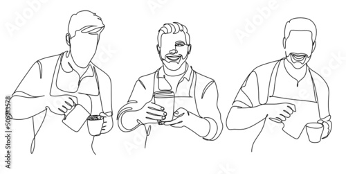 Continue line of barista pouring milk to coffee. Line art drawing of staff coffee vector illustration. Minimalist 