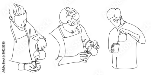 Continue line of barista pouring milk to coffee. Line art drawing of staff coffee vector illustration. Minimalist 