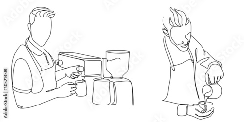 Continue line of barista pouring milk to coffee. Line art drawing of staff coffee vector illustration. Minimalist 