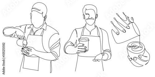 Continue line of barista pouring milk to coffee. Line art drawing of staff coffee vector illustration. Minimalist 