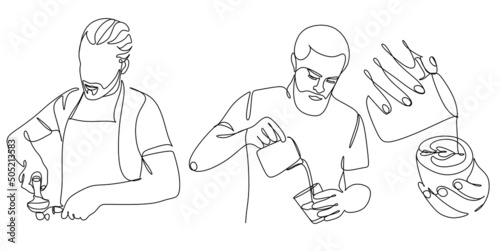 Continue line of barista pouring milk to coffee. Line art drawing of staff coffee vector illustration. Minimalist 