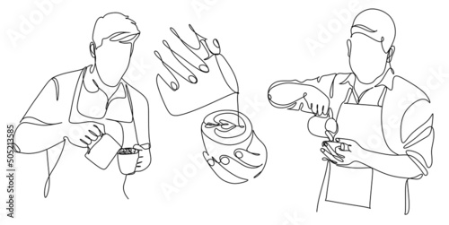 Continue line of barista pouring milk to coffee. Line art drawing of staff coffee vector illustration. Minimalist  photo