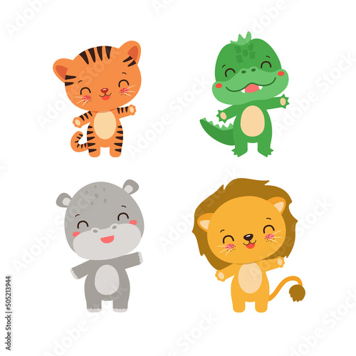 Kawaii safari animals baby style. Cute lion cub. Adorable little tiger. Funny hippopotamus. Sweet little crocodile. Funny animals waving. Flat design vector illustration for children projects.