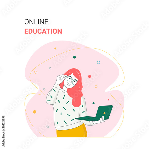 Online Education Landing Page Template. Distant Studying. Laptop. Lesson on Screen. Cartoon People Vector Illustration