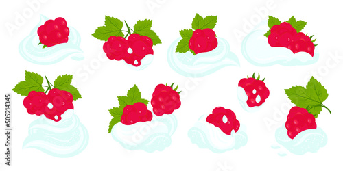 Raspberries and whipped cream. Vector set