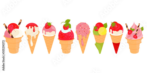 Strawberry ice cream set. Waffle cone with delicious ice cream and berries.